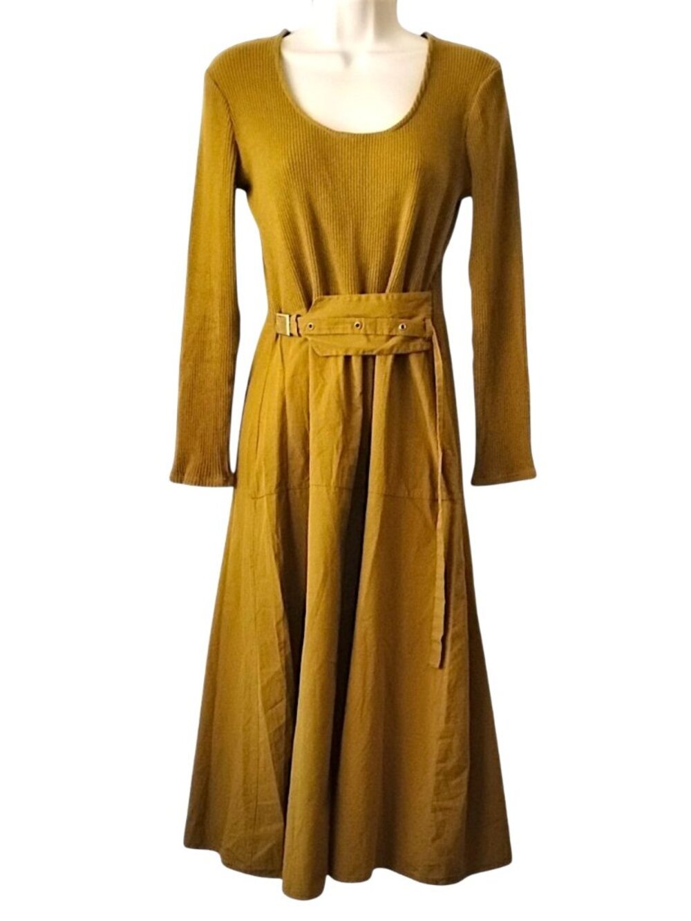 Zara Belted Rib Knit Poplin Midi Dress L Ochre Mixed Media